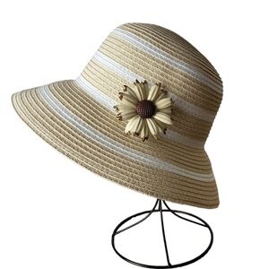 Magid Tan and White Striped Hat with Floral Accent